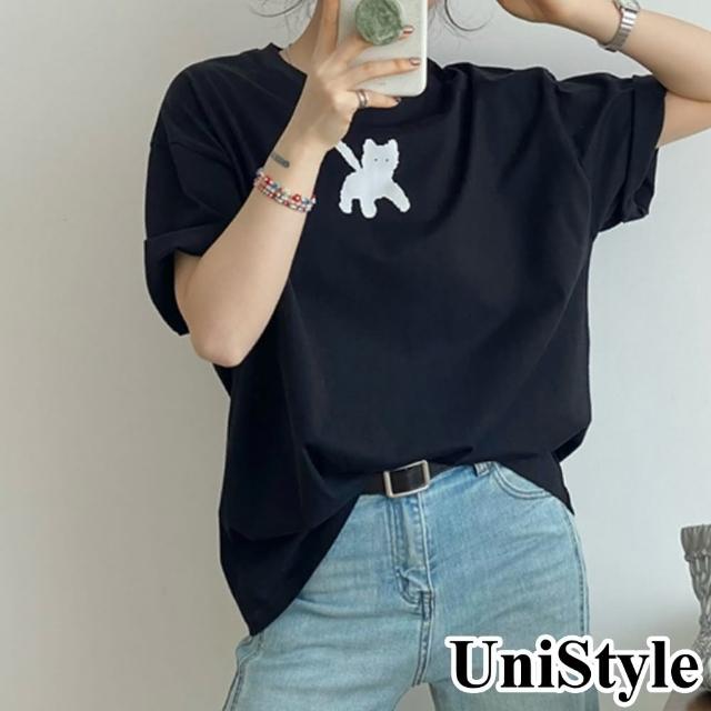 【UniStyle】圓領短袖T恤 韓版萌趣小貓印花上衣 UP1593(黑)