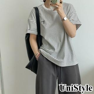 【UniStyle】條紋短袖T恤 韓版蝴蝶結次袖上衣女 UP1664(白底黑條)