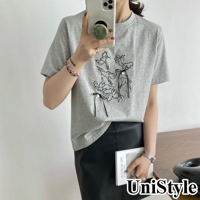 【UniStyle】韓版短袖T恤 圓領立體蝴蝶結上衣 UP1631(花灰)
