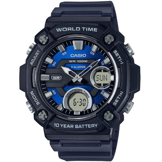 【CASIO 卡西歐】學生錶 10年電力 冒險精神 計時雙顯錶-黑x藍(AEQ-120W-2AV)