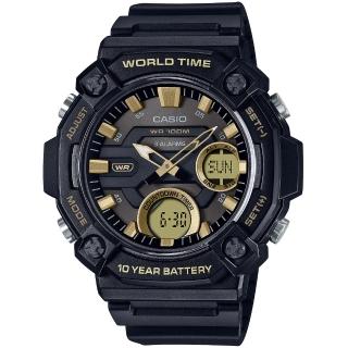 【CASIO 卡西歐】學生錶 10年電力 冒險精神 計時雙顯錶-黑x金(AEQ-120W-9AV)