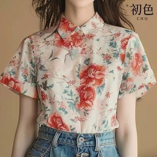 【初色】中國風花卉復古印花翻領短袖襯衫上衣女上衣-花色-33943(M-2XL可選)
