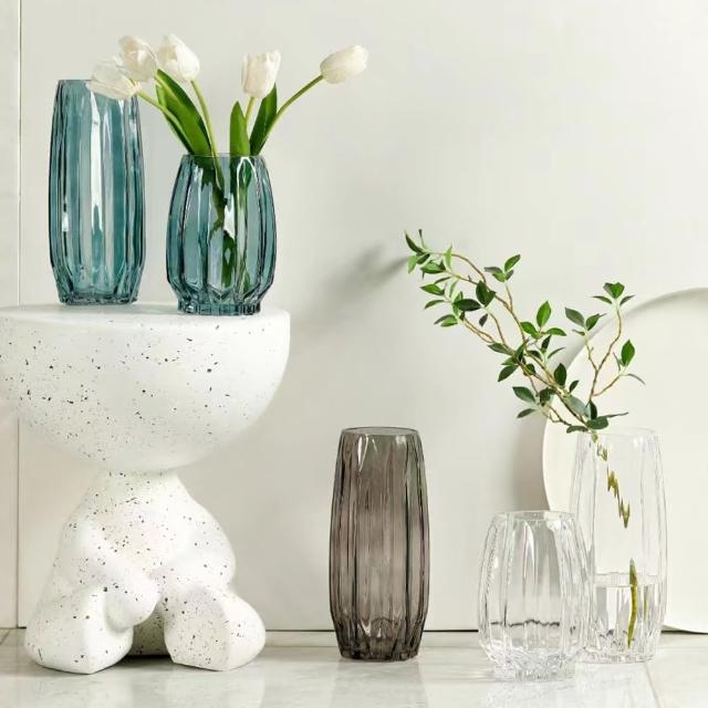 【好拾物】北歐輕奢款豎紋矮款玻璃花瓶(2入組)