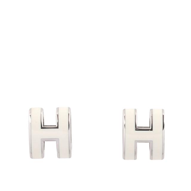 【Hermes 愛馬仕】Mini Pop H立體簍空橢圓LOGO耳環(白色/銀色)