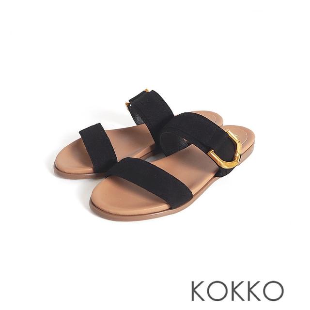 【KOKKO 集團】個性金屬飾釦寬帶拖鞋(黑色)