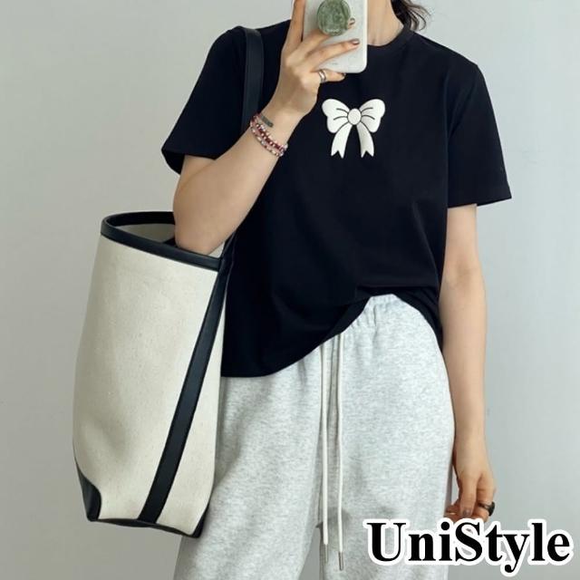 【UniStyle】韓版短袖T恤 甜美發泡蝴蝶結上衣 UP1599(黑)