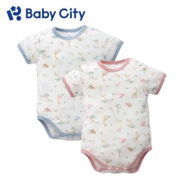 【BabyCity娃娃城 官方直營】天絲短袖肩開連身衣-草原動物(2色)