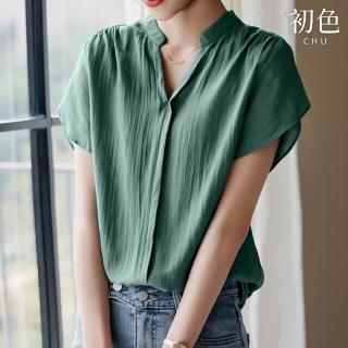 【初色】純色寬鬆立領不規則短袖襯衫上衣女上衣-綠色-33969(M-2XL可選)