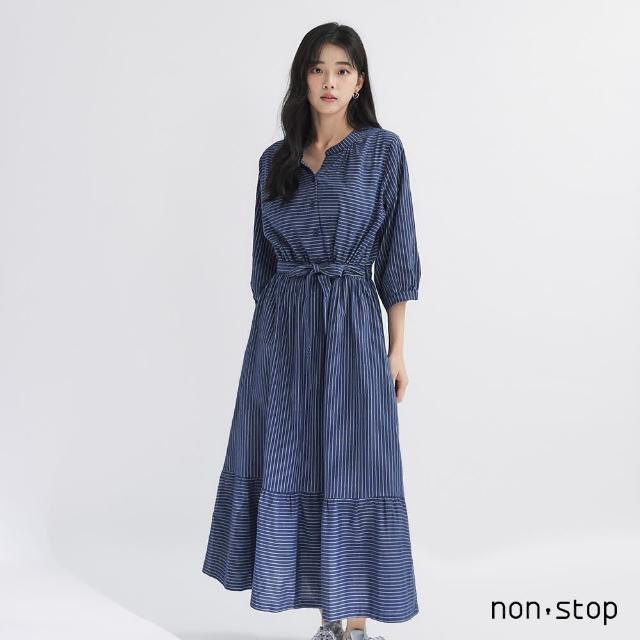 【non-stop】條紋綁帶長版洋裝-1色