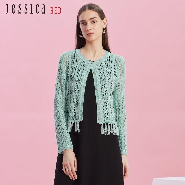 【Jessica Red】輕薄鏤空針織流蘇邊針織短外套R43401