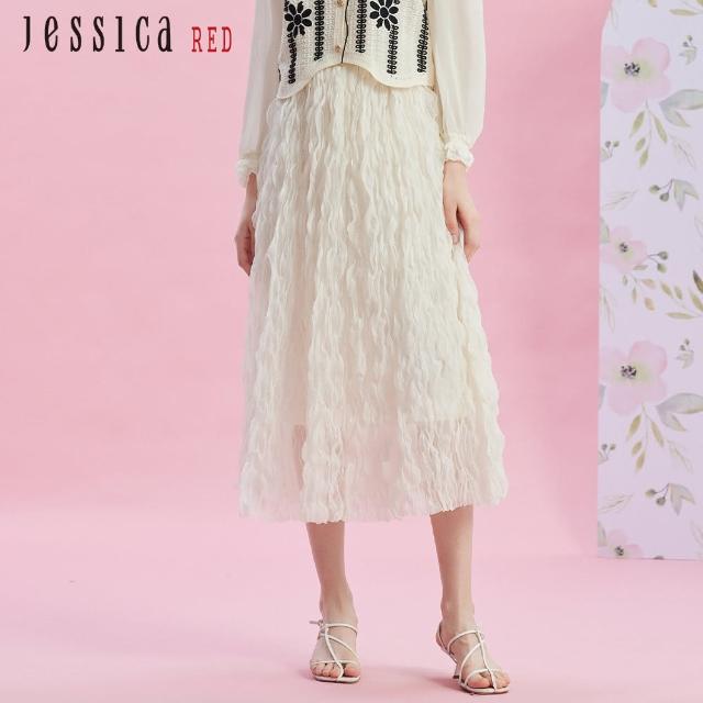 【Jessica Red】甜美百搭鬆緊腰泡泡紗長裙R43102（白）