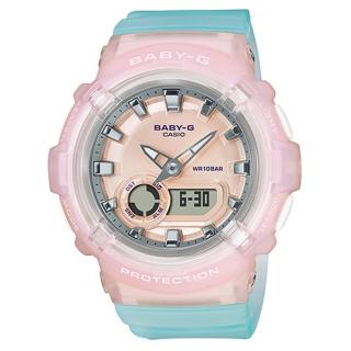 【CASIO 卡西歐】Baby-G LA街頭設計 金屬光感 半透明 雙顯手錶-淺粉x湖水藍(BGA-280-4A3)