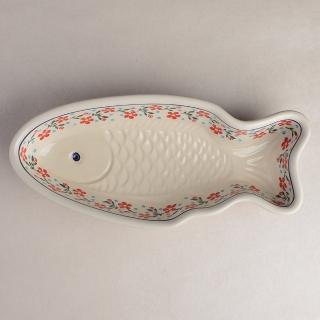 【波蘭陶】Zaklady 魚形餐盤 造型盤 16x35cm 波蘭手工製(藍印紅花系列)