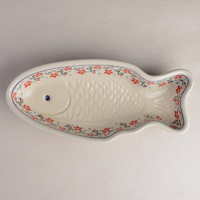 【波蘭陶】Zaklady  魚形餐盤 造型盤 16x35cm 波蘭手工製(藍印紅花系列)