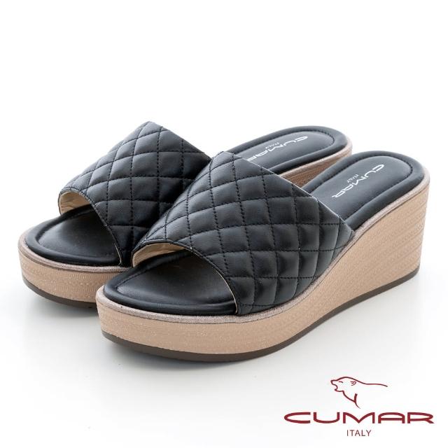 【CUMAR】柔軟衍縫車格一片式楔型涼拖鞋(黑色)