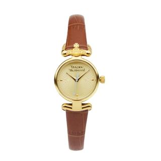 【Vivienne Westwood】金框 金面 放射造型錶盤 棕色皮革錶帶 小錶盤 女錶 23mm 情人節(VV090GDBR)