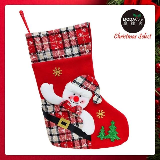 【摩達客】17吋可愛蘇格蘭紅格紋造型聖誕襪(雪人款)