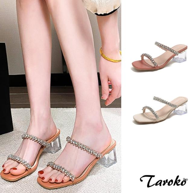 【Taroko】小仙女方頭水鑽透明粗高跟涼鞋(2色可選)