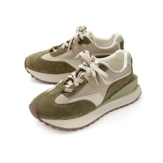 【GREEN PINE】異材拼接綁帶厚底鋸齒休閒鞋綠色(00348399)