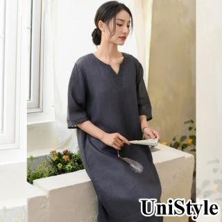 【UniStyle】苧麻短袖洋裝 原創款刺繡連身裙 女 FA6280(深邃灰)