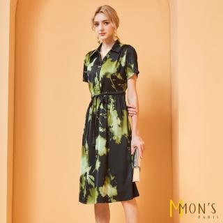 【MON’S】水墨春泥植卉印花緞面洋裝