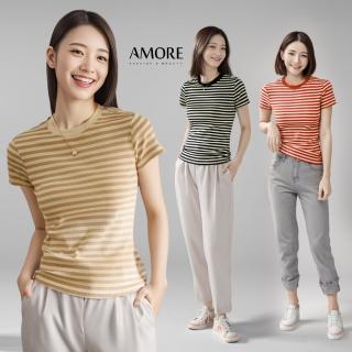 【Amore】日韓圓領條紋修身剪裁短袖上衣3色M-XXL(柔軟質感簡約風格)
