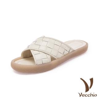 【Vecchio】真皮拖鞋 平底拖鞋/真皮頭層牛皮格子編織交叉帶造型平底拖鞋(白)