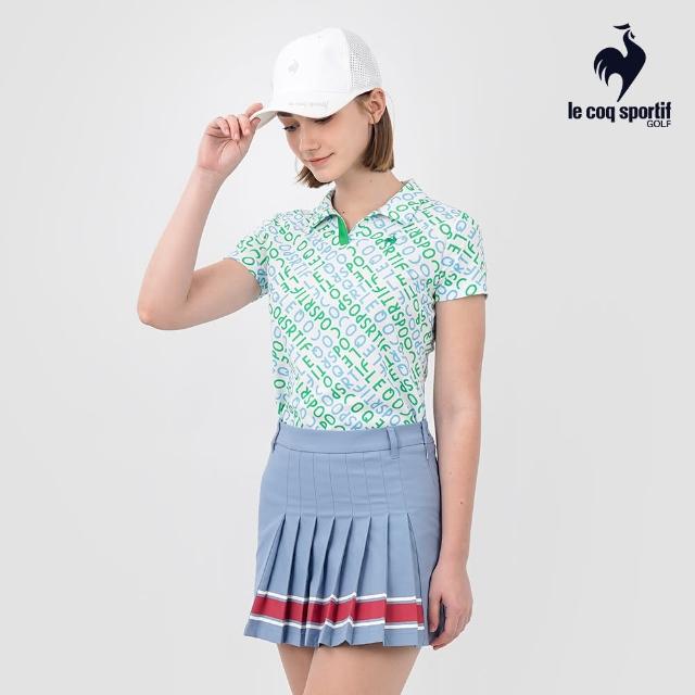 【LE COQ SPORTIF 公雞】高爾夫系列 女款藍x綠輕量舒適滿版LOGO短袖POLO衫  QLT2T212