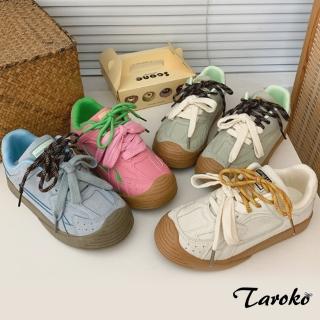 【Taroko】日式原宿雙彩圓頭綁帶平底休閒鞋(4色可選)