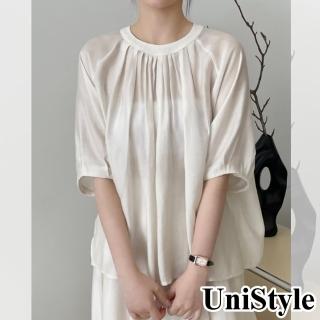 【UniStyle】五分袖上衣 韓版微透壓皺鏤空系帶襯衫 女 WT5601(米白)
