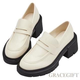 【Grace Gift】便仕設計厚底中高跟樂福鞋(杏)