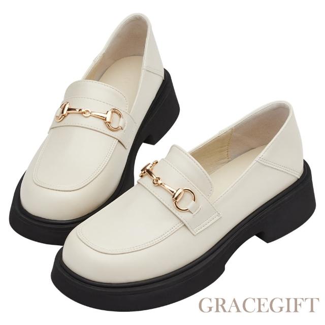 【Grace Gift】圓頭馬銜扣輕量中跟樂福鞋(杏)