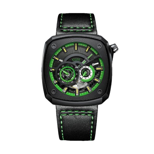 【BONEST GATTI】布加迪 綠+黑色款 外方內圓外觀 24小時制顯示 黑色皮革錶帶 機械手錶(BG6601-B5)