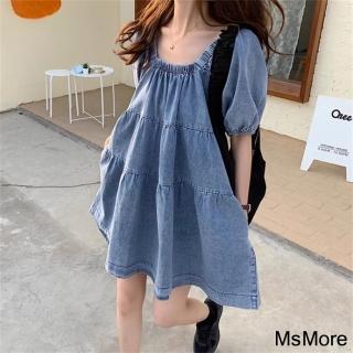 【MsMore】韓國減齡泡泡袖復古寬鬆休閒短袖娃娃牛仔連身裙短洋裝#121217(藍)