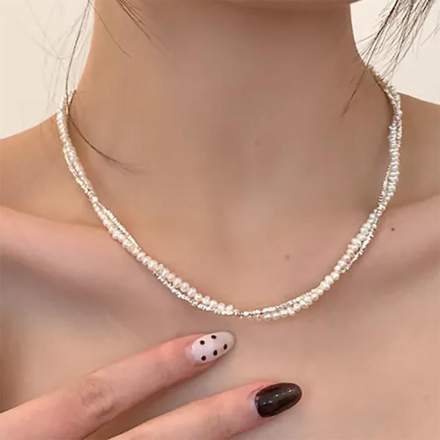 【SeasonsBikini】珍珠碎銀雙層項鍊 -AC11(珍珠項鍊雙層項鍊銀項鍊)