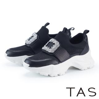 【TAS】雙材質拼接方鑽老爹厚底休閒鞋(黑色)
