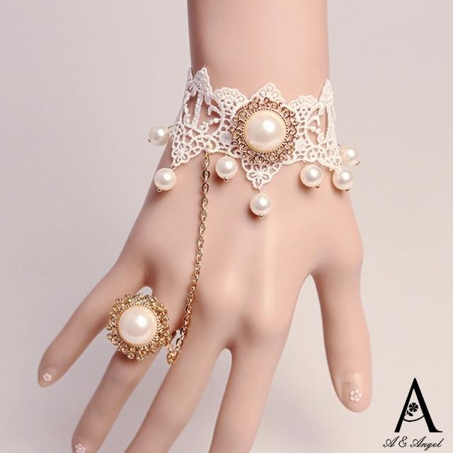【ANGEL】歐美蕾絲珍珠女款一體手鍊戒指(金色)