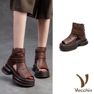 【Vecchio】真皮涼鞋 厚底涼鞋/真皮頭層牛皮復古露趾厚底羅馬涼鞋(棕)