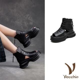 【Vecchio】真皮涼鞋 厚底涼鞋/真皮頭層牛皮復古露趾厚底羅馬涼鞋(黑)