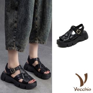 【Vecchio】真皮涼鞋 厚底涼鞋/真皮頭層牛皮復古民族風編織厚底涼鞋(黑)