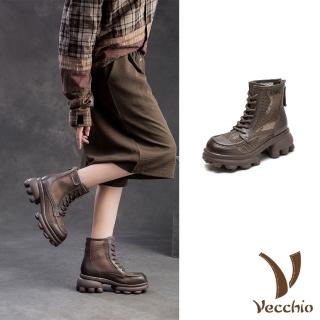 【Vecchio】真皮馬丁靴 粗跟馬丁靴/全真皮頭層牛皮透氣網面拼接厚底粗跟馬丁靴(卡其)