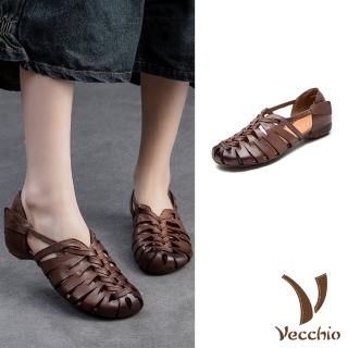 【Vecchio】真皮涼鞋 低跟涼鞋/真皮頭層牛皮復古縷空編織百搭低跟涼鞋(咖)