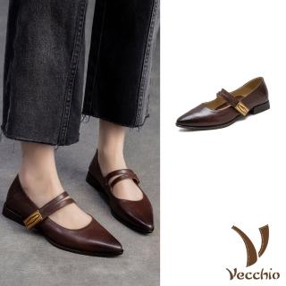 【Vecchio】真皮跟鞋 尖頭跟鞋/真皮羊皮復古魔鬼粘一字帶尖頭低跟鞋(咖)