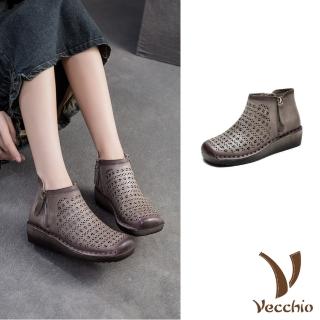 【Vecchio】真皮短靴 坡跟短靴/真皮頭層牛皮復古民族風縷空刻花坡跟短靴(灰)