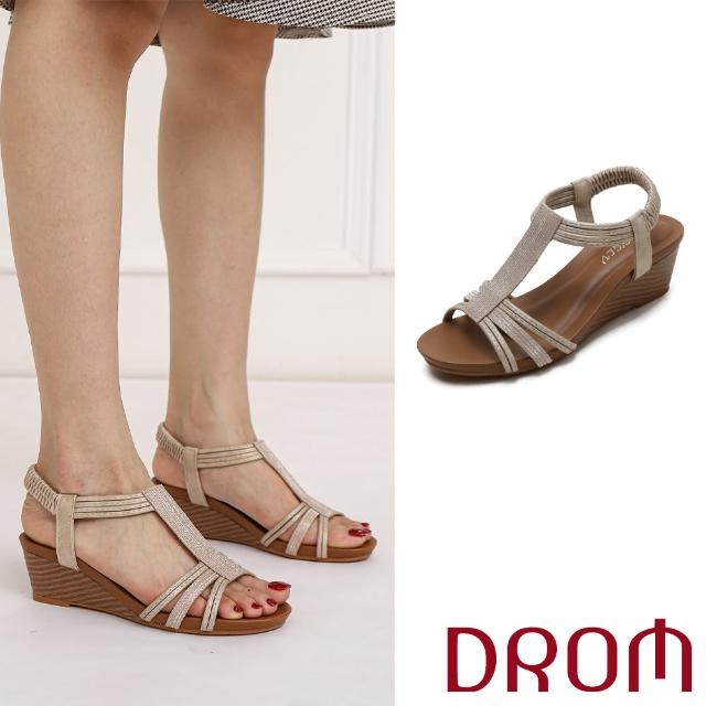 【DROM】坡跟涼鞋 T字涼鞋/歐美時尚縷空線繩T字造型坡跟涼鞋(金)