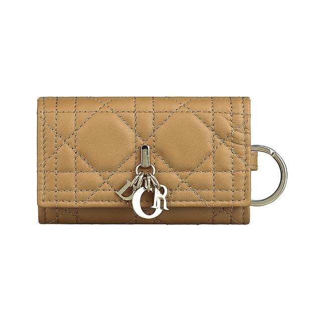 【Dior 迪奧】DIOR吊飾LOGO藤格設計牛皮釦式鑰匙包(棕褐)