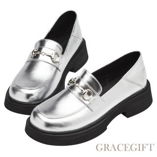 【Grace Gift】圓頭馬銜扣中跟樂福鞋(銀)