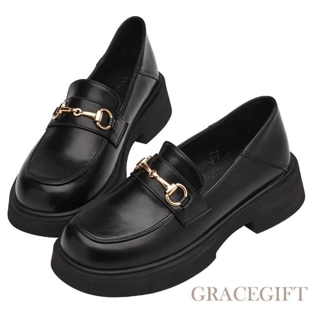 【Grace Gift】圓頭馬銜扣輕量中跟樂福鞋(黑)
