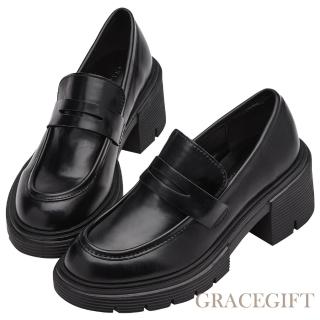 【Grace Gift】便仕設計厚底中高跟樂福鞋(黑)