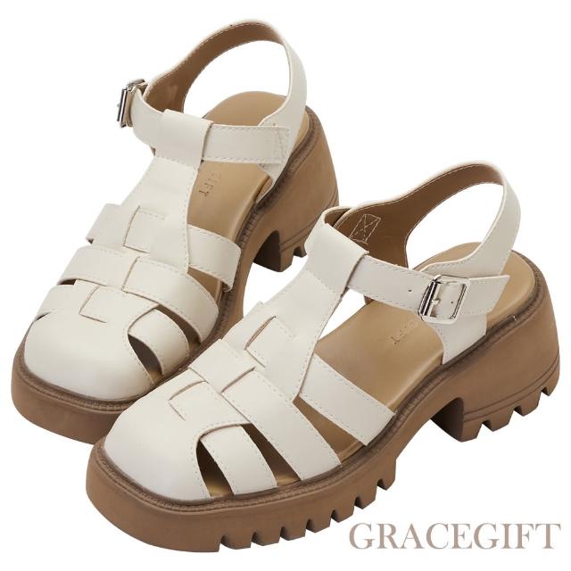 【Grace Gift】圓頭寬帶厚底魚骨編織涼鞋(米白)
